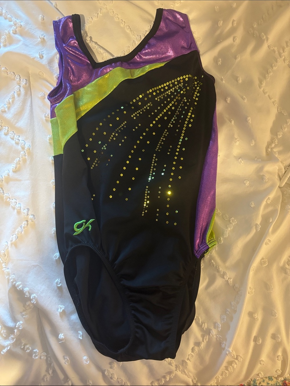 GK Black Leotard with Purple and Lime Accents